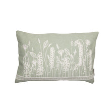 Load image into Gallery viewer, Light sage colored, hand-woven pillow with elegant leave design.