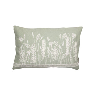 Light sage colored, hand-woven pillow with elegant leave design.